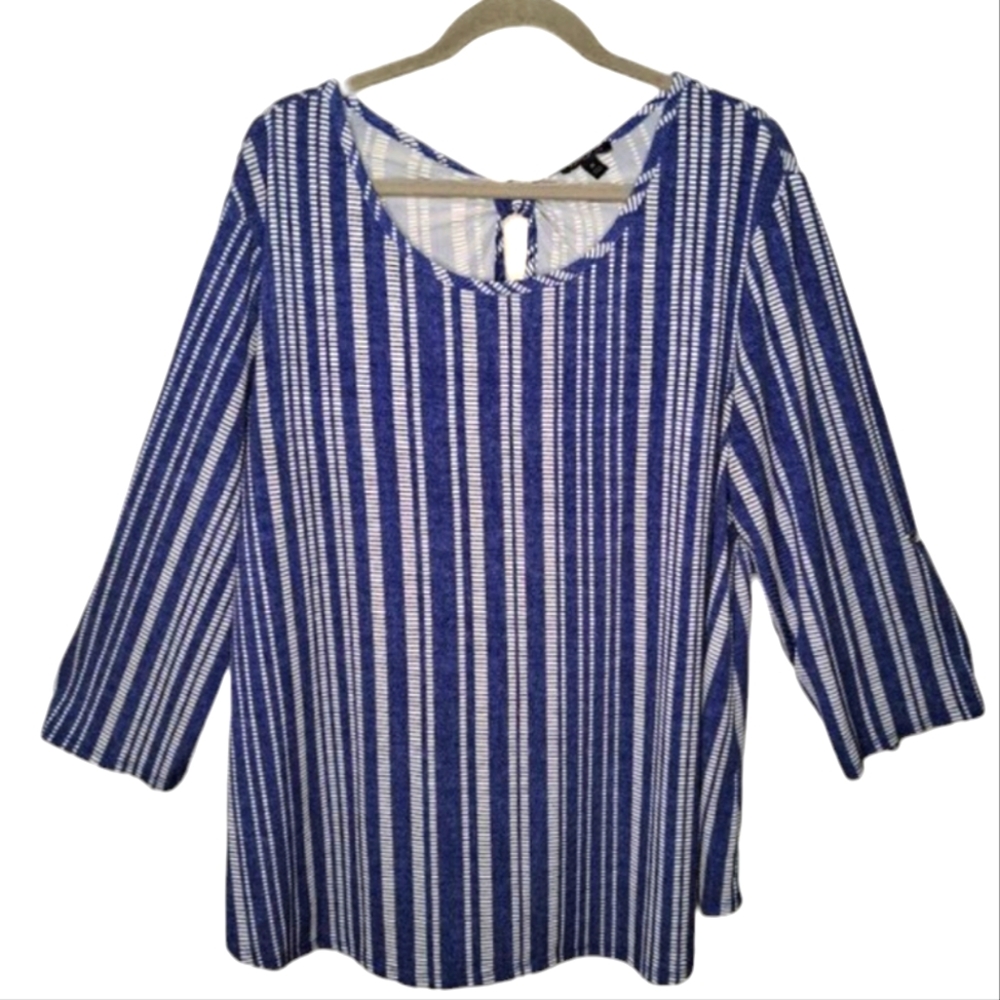 Sami & Jo Blue and White Vertical Striped Keyhole Blouse Plus Size 2X